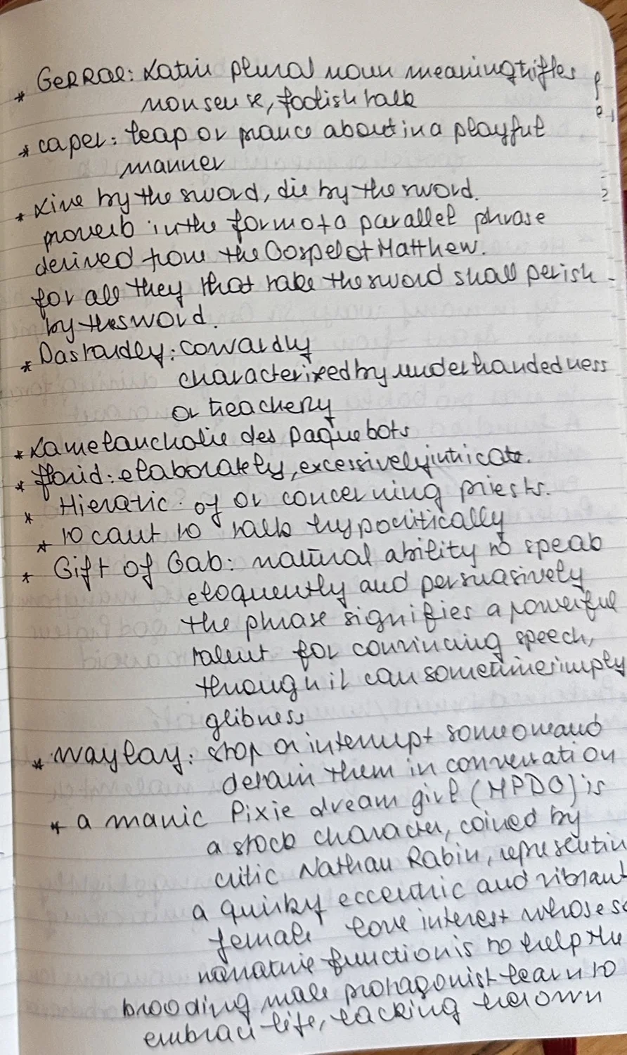 A page of the red Moleskine, filled with handwritten vocabulary entries